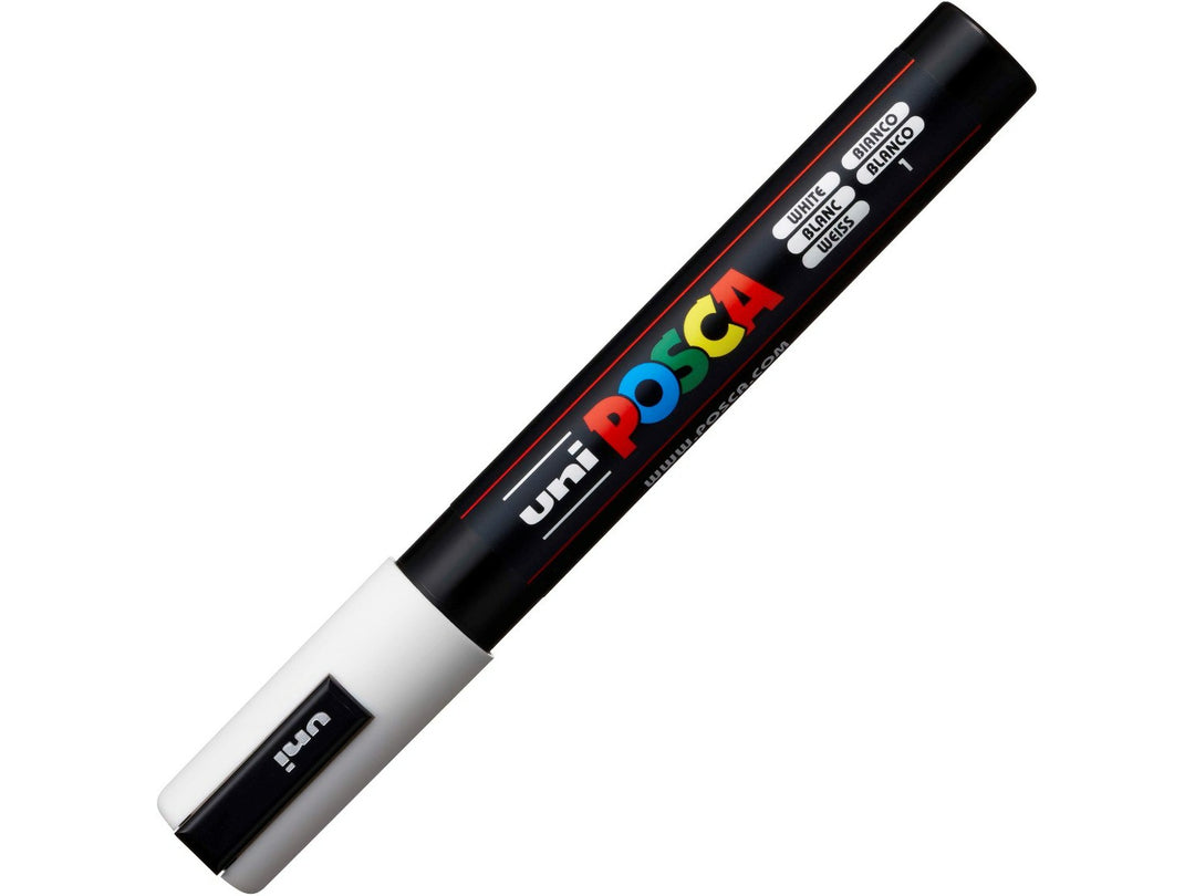 uni POSCA PC-5M white water-based paint marker shown with cap fitted, featuring a medium 1.8–2.5mm bullet tip for lettering, illustration, signage and creative projects