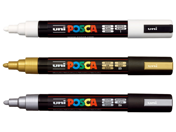 uni POSCA PC-5M Paint Markers Set of 3 including White, Gold and Silver water-based pigment paint markers with medium 1.8–2.5mm bullet tips
