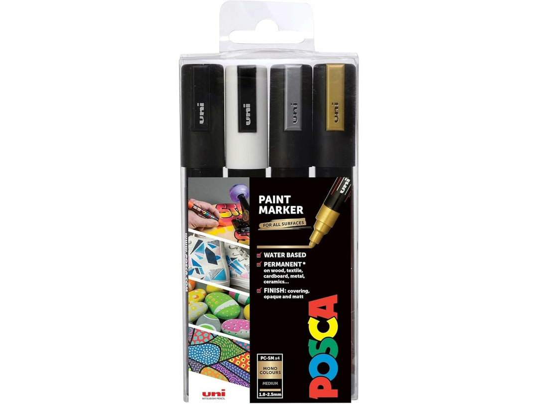 uni POSCA PC-5M Medium Paint Markers Monotone Set of 4 in Black, White, Silver and Gold