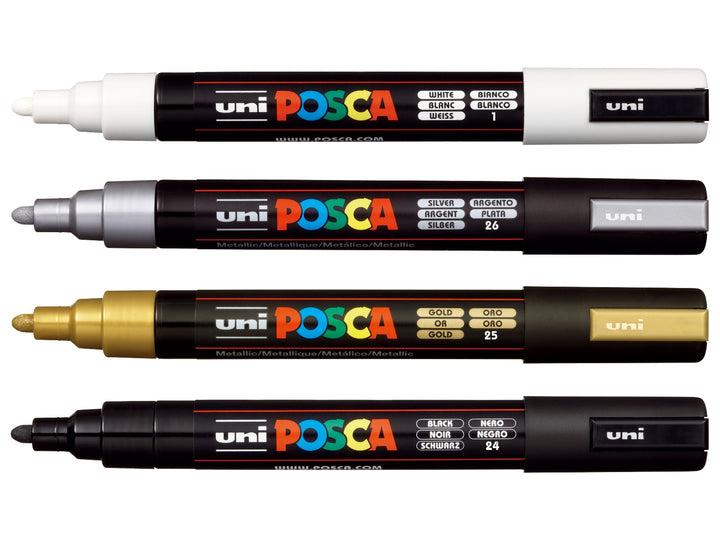 uni POSCA PC-5M Medium Paint Markers in White, Silver, Gold and Black with caps removed