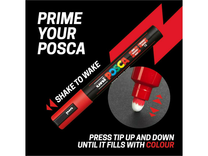 uni POSCA PC-5M priming graphic showing a paint marker being shaken and the bullet tip pressed repeatedly to start the paint flow