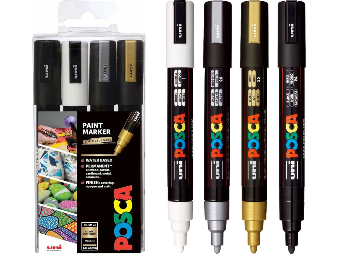 uni POSCA PC-5M Medium Paint Markers Set of 4 in Black, White, Silver and Gold with packaging