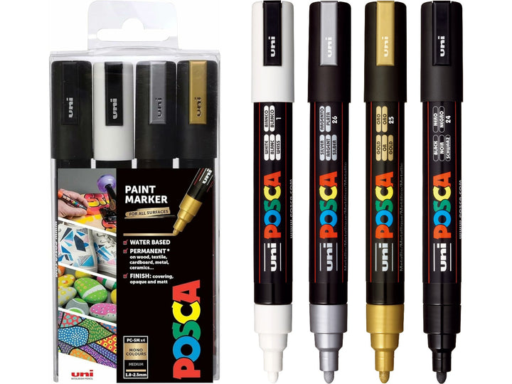 uni POSCA PC-5M Medium Paint Markers Set of 4 in Black, White, Silver and Gold with packaging