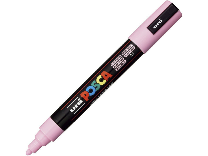 Light Pink uni POSCA PC-5M pastel paint marker shown uncapped, featuring a 1.8–2.5mm medium bullet tip and multicoloured POSCA branding