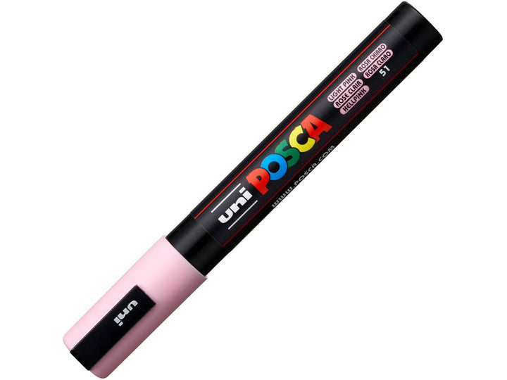 Light Pink uni POSCA PC-5M pastel paint marker shown capped, featuring a black barrel, pastel pink cap and multicoloured POSCA branding