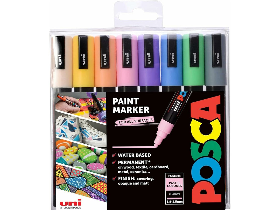 uni POSCA PC-5M Pastel Set of 8 medium paint markers in Beige, Straw Yellow, Light Orange, Light Pink, Lilac, Sky Blue, Light Green and Grey