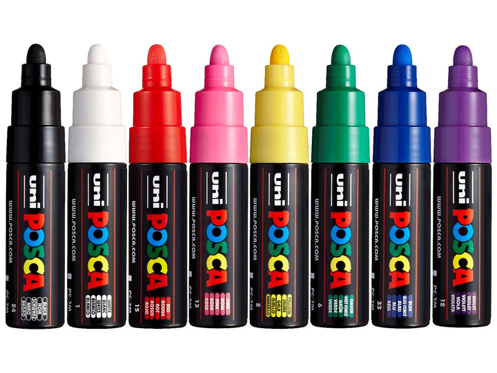 uni POSCA PC-7M Paint Markers Wallet of 8 displayed individually in Black, White, Red, Pink, Yellow, Green, Blue and Violet, featuring large 4.5-5.5mm bullet tips, opaque water-based pigment paint and vibrant matt colours for artwork, colouring, illustration, signage and multi-surface creative projects.
