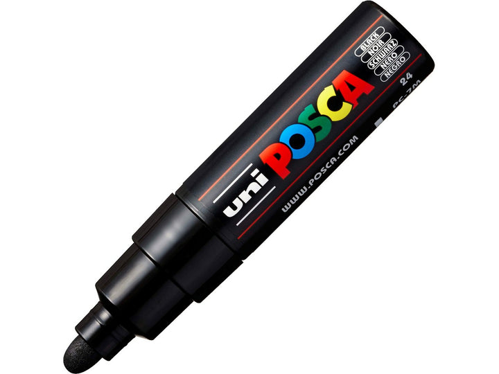 uni POSCA PC-7M Paint Marker in Black with cap removed, featuring a large 4.5-5.5mm bullet tip, opaque water-based pigment paint, quick-drying matt finish and multi-surface performance for artwork, colouring, illustration, signage and creative projects on paper, wood, metal, glass, plastic, fabric and stone.