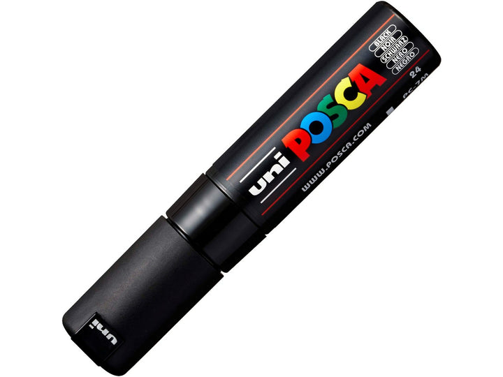 uni POSCA PC-7M Paint Marker in Black with cap fitted, featuring a large 4.5-5.5mm bullet tip, opaque water-based pigment paint, quick-drying matt finish and multi-surface performance for artwork, colouring, illustration, signage and creative projects on paper, wood, metal, glass, plastic, fabric and stone.