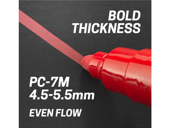 Close-up of a uni POSCA PC-7M Paint Marker in Red creating a bold paint line, featuring a large 4.5–5.5mm bullet tip, opaque water-based pigment paint, smooth ink flow and broad coverage for artwork, colouring, illustration, signage and creative projects on multiple surfaces.