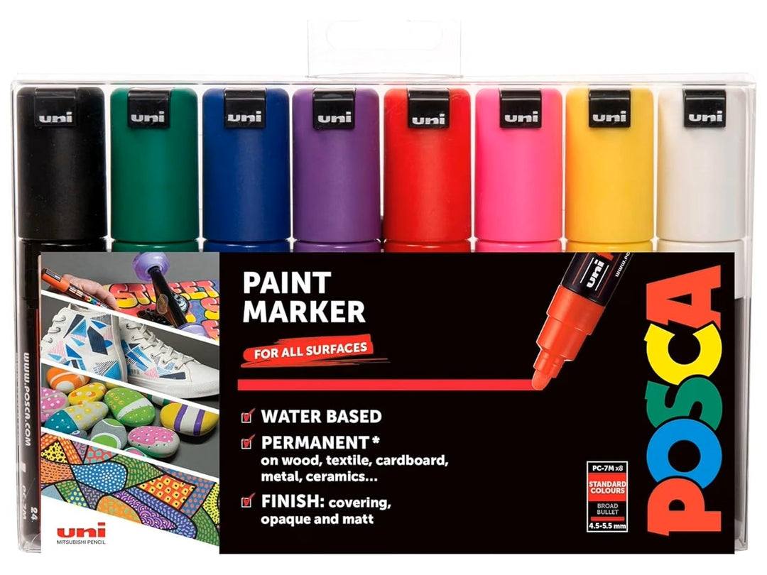 Front of uni POSCA PC-7M Paint Marker Wallet of 8 showing eight large bullet tip paint markers in Black, Green, Blue, Violet, Red, Pink, Yellow and White, featuring water-based pigment paint, opaque matt colour, multi-surface performance and a 4.5–5.5mm bullet tip for artwork, colouring, signage, illustration and creative projects.