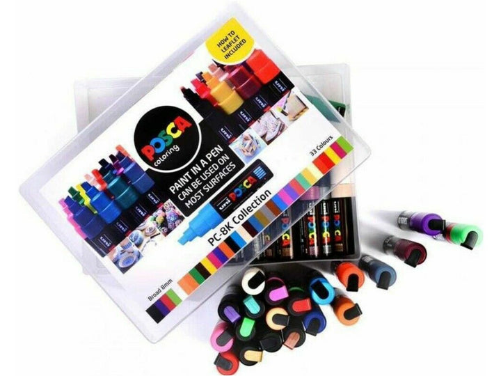 uni POSCA PC-8K collection box shown open with assorted broad 8mm chisel tip paint markers, removable caps and 33-colour collection packaging