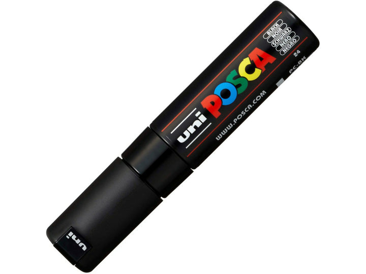Black uni POSCA PC-8K broad chisel paint marker shown capped, featuring multicoloured POSCA branding and 8mm tip designation