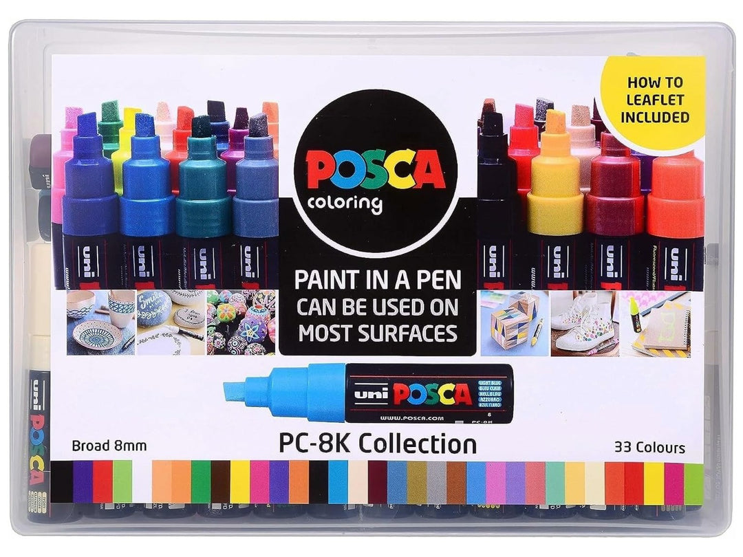 uni POSCA PC-8K collection box containing 33 broad 8mm chisel tip paint markers in assorted colours, with colour guide and instruction leaflet included