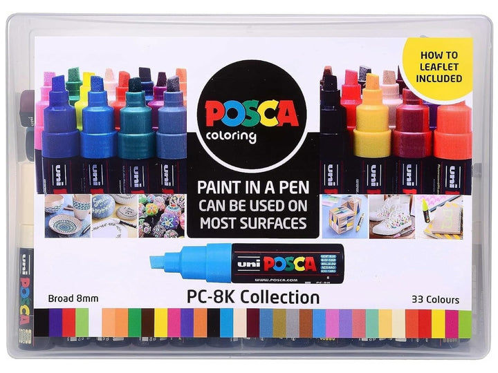 uni POSCA PC-8K collection box containing 33 broad 8mm chisel tip paint markers in assorted colours, with colour guide and instruction leaflet included