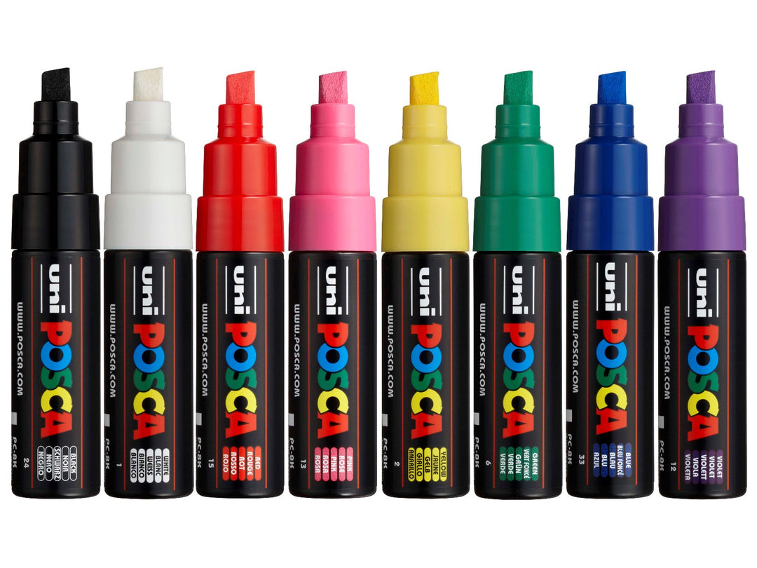 uni POSCA PC-8K Paint Markers Wallet of 8 displayed individually in Black, White, Red, Pink, Yellow, Green, Blue and Violet, featuring broad 8mm chisel tips, opaque water-based pigment paint and vibrant matt colours for artwork, signage, hand lettering, craft projects and multi-surface creative applications.