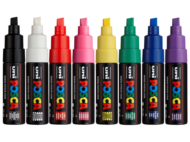 uni POSCA PC-8K Paint Markers Wallet of 8 displayed individually in Black, White, Red, Pink, Yellow, Green, Blue and Violet, featuring broad 8mm chisel tips, opaque water-based pigment paint and vibrant matt colours for artwork, signage, hand lettering, craft projects and multi-surface creative applications.