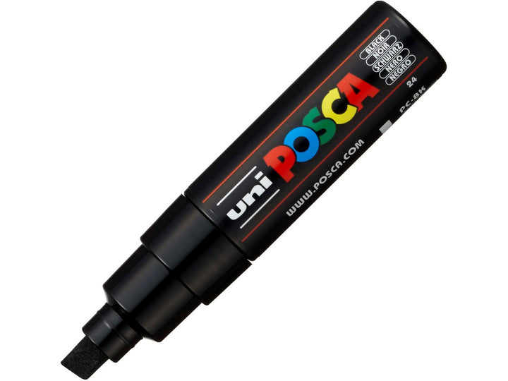 uni POSCA PC-8K Paint Marker in Black with cap removed, featuring a broad 8mm chisel tip, opaque water-based pigment paint, quick-drying matt finish and multi-surface performance for artwork, signage, hand lettering, large-format projects and creative applications on paper, wood, metal, glass, plastic and stone.