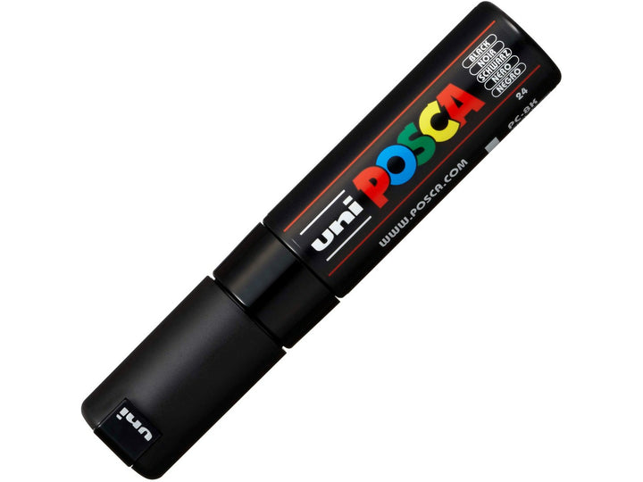 uni POSCA PC-8K Paint Marker in Black with cap fitted, featuring a broad 8mm chisel tip, opaque water-based pigment paint, quick-drying matt finish and multi-surface performance for artwork, signage, hand lettering, large-format projects and creative applications on paper, wood, metal, glass, plastic and stone.