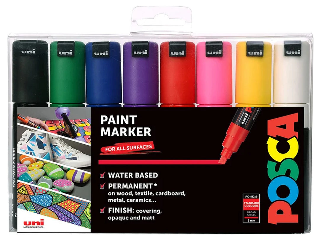Front of uni POSCA PC-8K Paint Marker Wallet of 8 showing eight broad chisel tip paint markers in Black, Green, Blue, Violet, Red, Pink, Yellow and White, featuring water-based pigment paint, opaque matt colour, permanent multi-surface performance and an 8mm broad chisel tip for artwork, signage, lettering and creative projects.