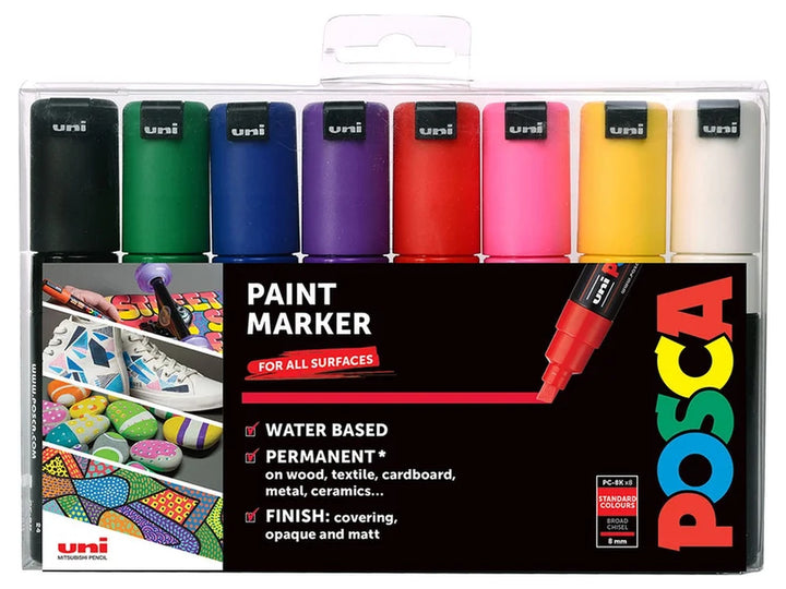 Front of uni POSCA PC-8K Paint Marker Wallet of 8 showing eight broad chisel tip paint markers in Black, Green, Blue, Violet, Red, Pink, Yellow and White, featuring water-based pigment paint, opaque matt colour, permanent multi-surface performance and an 8mm broad chisel tip for artwork, signage, lettering and creative projects.