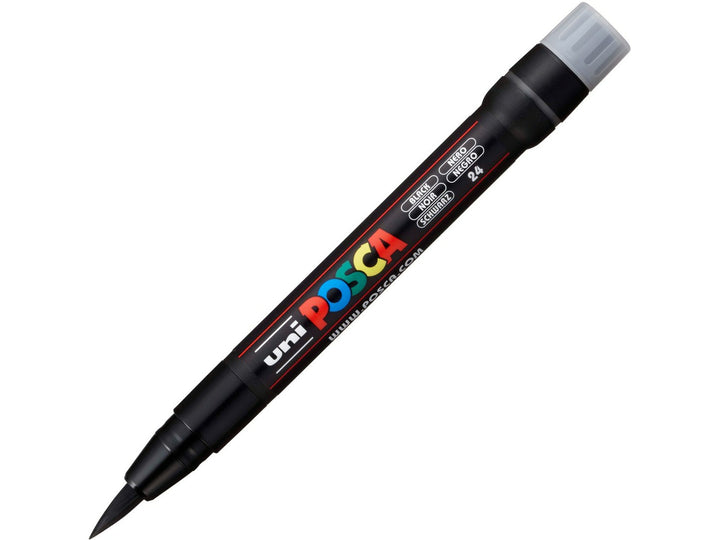 Black uni POSCA PCF-350 Brush Tip Paint Marker shown uncapped with flexible black brush tip and cap