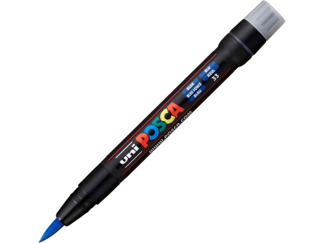 Blue uni POSCA PCF-350 Brush Tip Paint Marker shown uncapped with flexible blue brush tip and cap