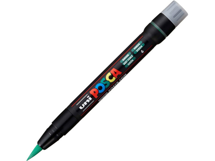 Green uni POSCA PCF-350 Brush Tip Paint Marker shown uncapped with flexible green brush tip and cap