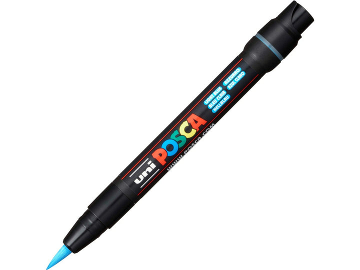 Light Blue uni POSCA PCF-350 Brush Tip Paint Marker shown uncapped with flexible light blue brush tip and cap