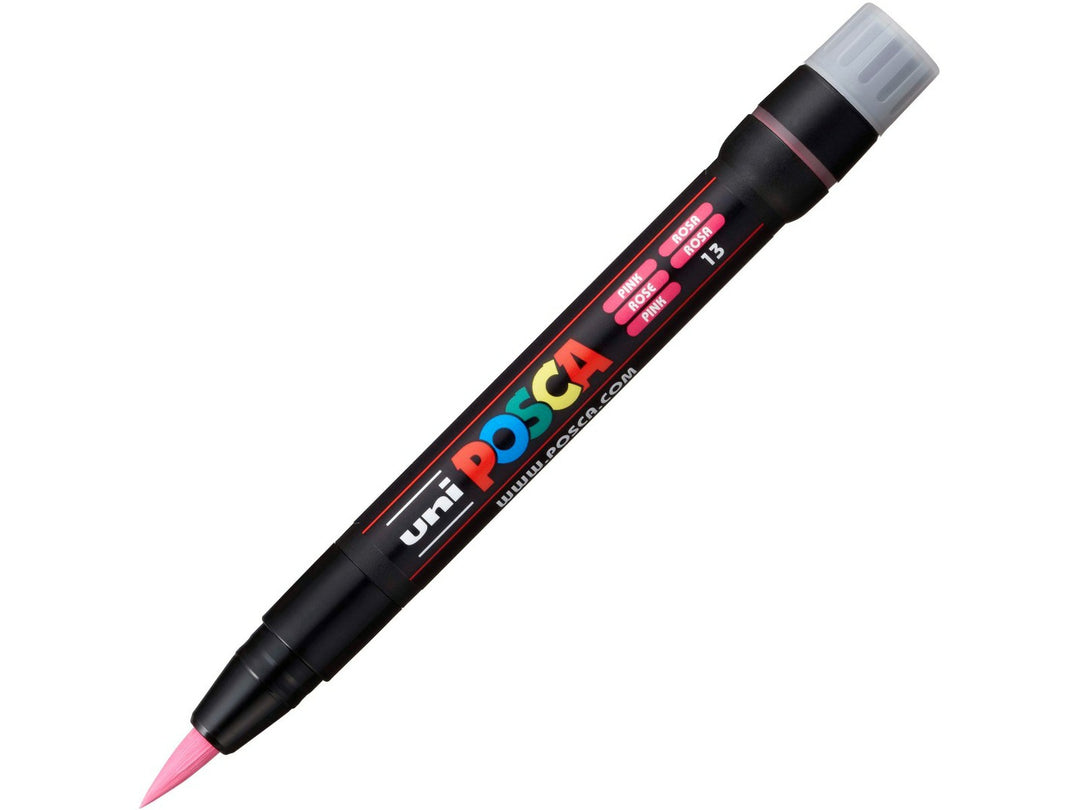 Pink uni POSCA PCF-350 Brush Tip Paint Marker shown uncapped with flexible pink brush tip and cap