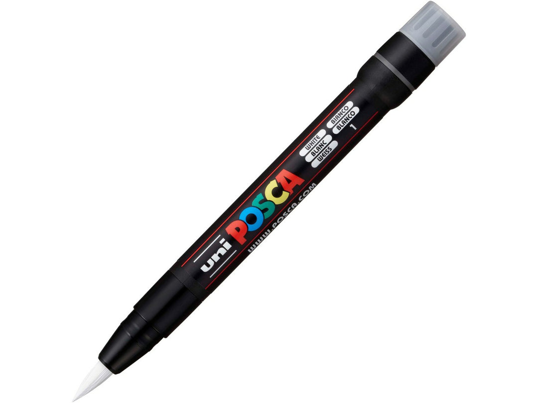 White uni POSCA PCF-350 Brush Tip Paint Marker shown uncapped with flexible white brush tip and cap