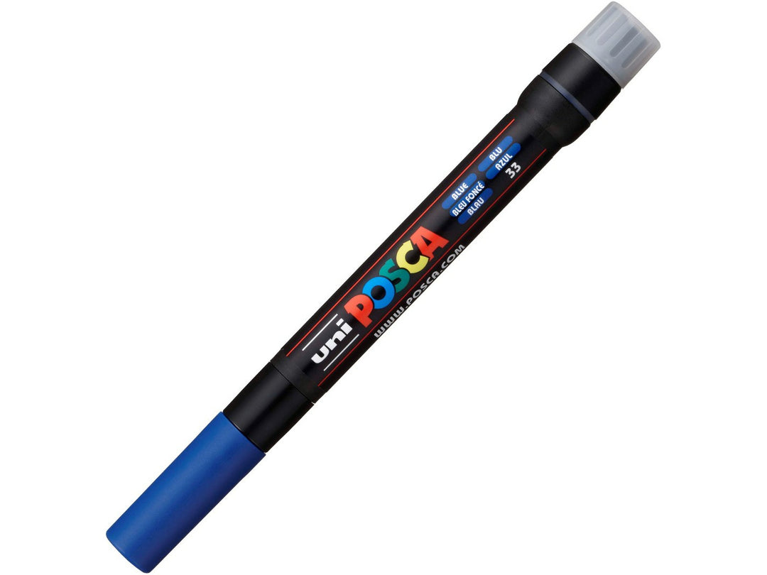 Blue uni POSCA PCF-350 Brush Tip Paint Marker shown capped with blue cap and black barrel