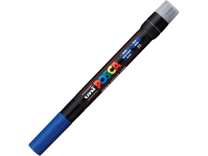 Blue uni POSCA PCF-350 Brush Tip Paint Marker shown capped with blue cap and black barrel