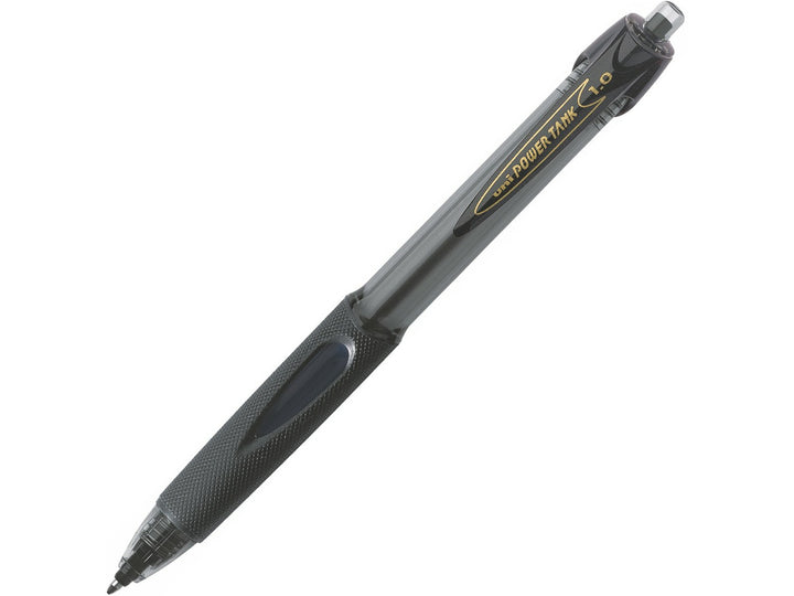 Black uni Power Tank SN-220 pressurised ballpoint pen displayed diagonally on a white background, featuring a textured grip, pocket clip and reliable all-weather writing technology