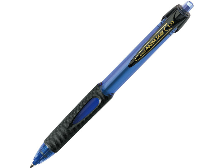 Blue uni Power Tank SN-220 pressurised ballpoint pen displayed diagonally on a white background, featuring a textured grip, pocket clip and reliable all-weather writing technology