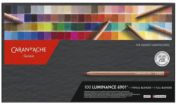 Caran d'Ache Luminance 6901 Professional Permanent Colour Pencil Box of 100 Assorted Coloured Pencils, 1 Pencil Blender + 1 Full Blender