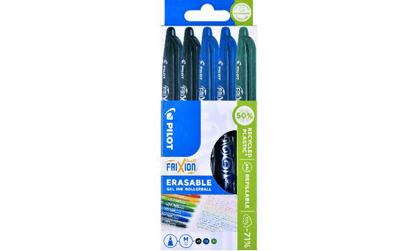 Pilot FriXion Erasable Rollerball Pen Assorted Pack of 5 (2 Black, 2 Blue, 1 Green)