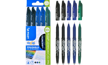 Pilot FriXion Erasable Rollerball Pen Assorted Pack of 5 (2 Black, 2 Blue, 1 Green)