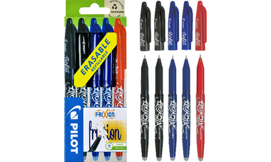 Pilot FriXion Erasable Rollerball Pen Assorted Pack of 5 (2 Black, 2 Blue, 1 Red)