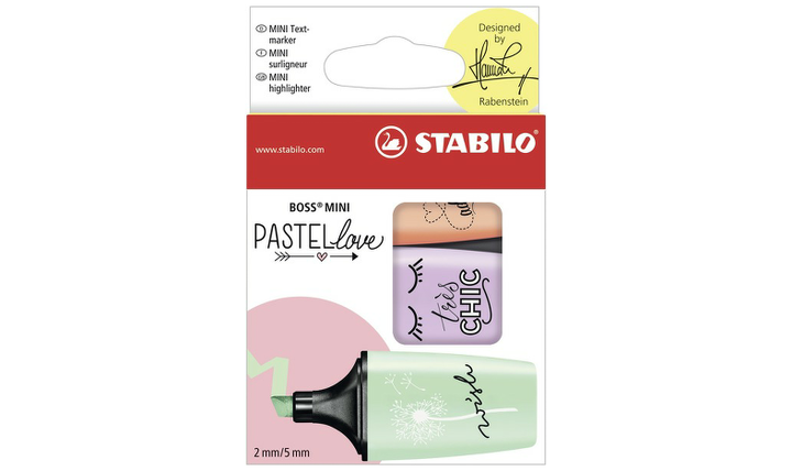 Highlighter - STABILO BOSS MINI Pastellove - Pack of 3 - Peach, Purple, Mint Green