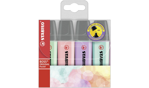 Highlighter - STABILO BOSS ORIGINAL Pastel - Pack of 4 - Hint of Mint, Pink Blush, Lilac Haze, Touch of Turquoise