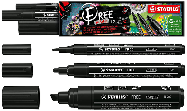 Acrylic Marker - STABILO FREE Acrylic - Mixed Tip Set of 3 - Black