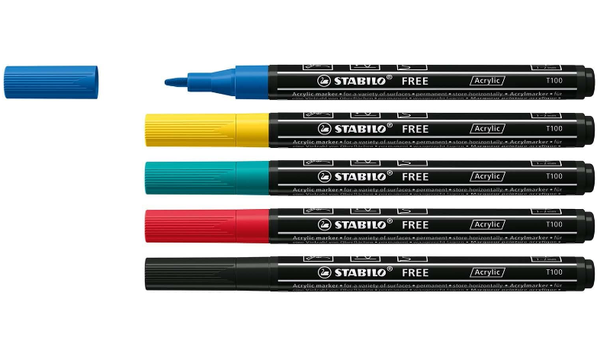 Acrylic Marker - STABILO FREE Acrylic - T100 1-2 mm Bullet Tip Royal - Wallet of 5 - Assorted Colours