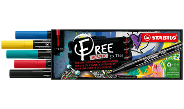Acrylic Marker - STABILO FREE Acrylic - T100 1-2 mm Bullet Tip Royal - Wallet of 5 - Assorted Colours