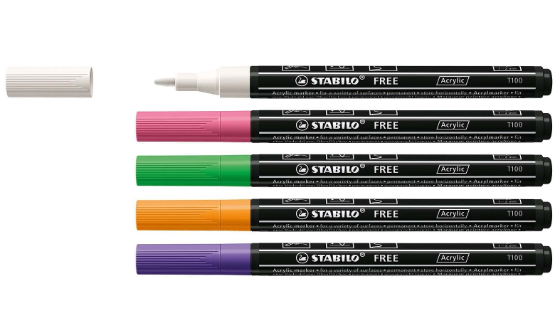 Acrylic Marker - STABILO FREE Acrylic - T100 1-2 mm Bullet Tip Spring - Wallet of 5 - Assorted colours