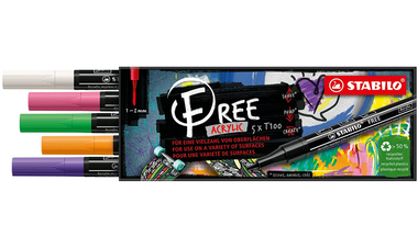 Acrylic Marker - STABILO FREE Acrylic - T100 1-2 mm Bullet Tip Spring - Wallet of 5 - Assorted colours