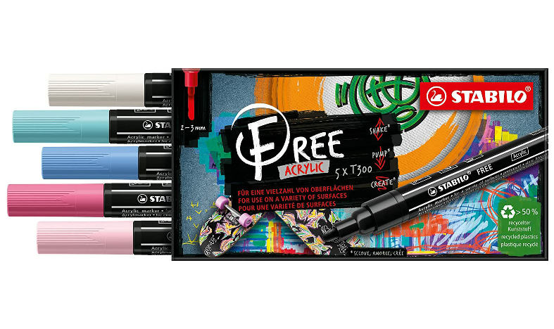 Acrylic Marker - STABILO FREE Acrylic - T300 2-3 mm Bullet Tip Candy - Wallet of 5 - Assorted Colours