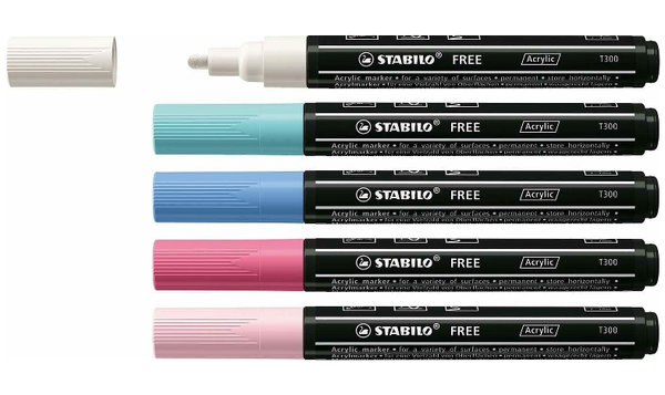Acrylic Marker - STABILO FREE Acrylic - T300 2-3 mm Bullet Tip Candy - Wallet of 5 - Assorted Colours