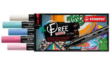 Acrylic Marker - STABILO FREE Acrylic - T300 2-3 mm Bullet Tip Candy - Wallet of 5 - Assorted Colours