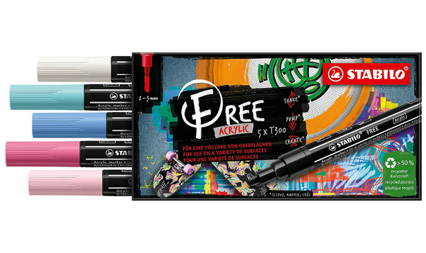 Acrylic Marker - STABILO FREE Acrylic - T300 2-3 mm Bullet Tip Candy - Wallet of 5 - Assorted Colours